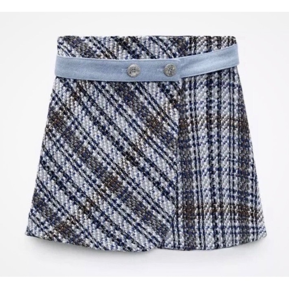 ZARA Mini Skirt Tweed Denim Waist Women XL Blue White Plaid Wrap NWT